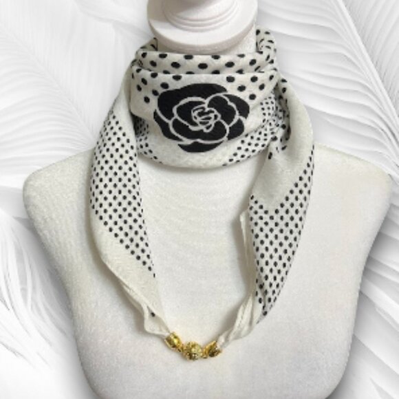 Elegant Women's White Scarf with Black Polka Dots and Floral Print - Picture 2 of 7